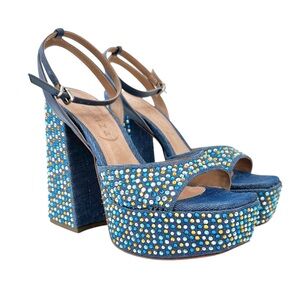 Vicenza Denim Rhinestone Platform Heels - Denim Wrapped Platform Heeled Sandals